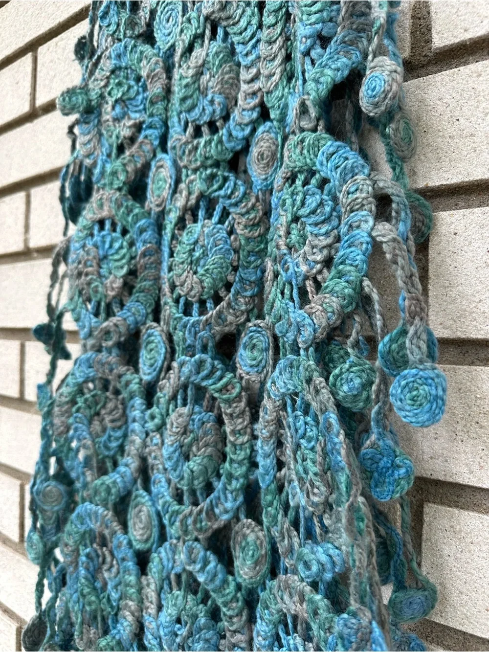 Hand Crochet Textured Spiral Fringe Scarf Wrap Ocean Blue Boho Art Whimsigoth